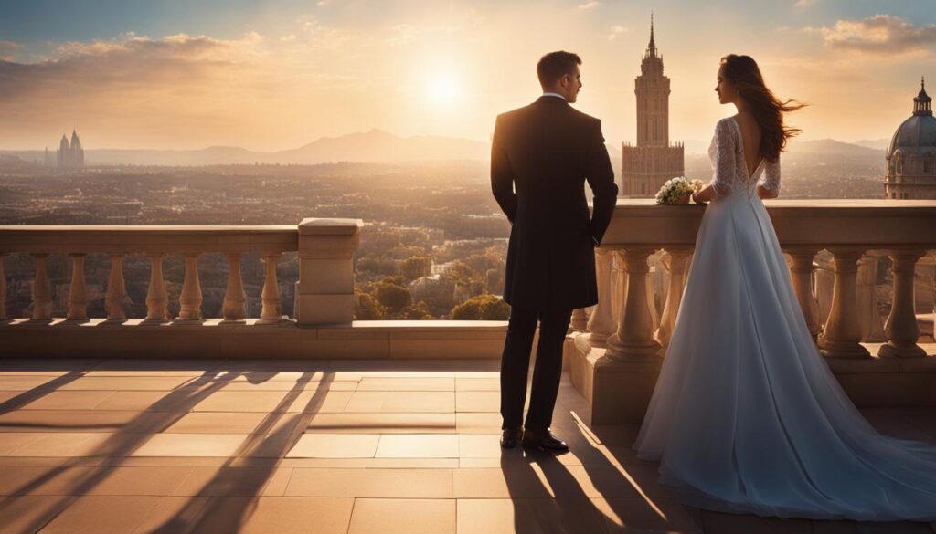 Inspirujące spojrzenie pary odwróconych plecami wchodzi po piętrach nawierzchni dachu budynku na tle pięknych wież